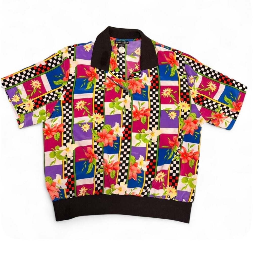 Vintage 80s Floral Checkerboard Bright Button Up Blouse Colorful Dopamine L